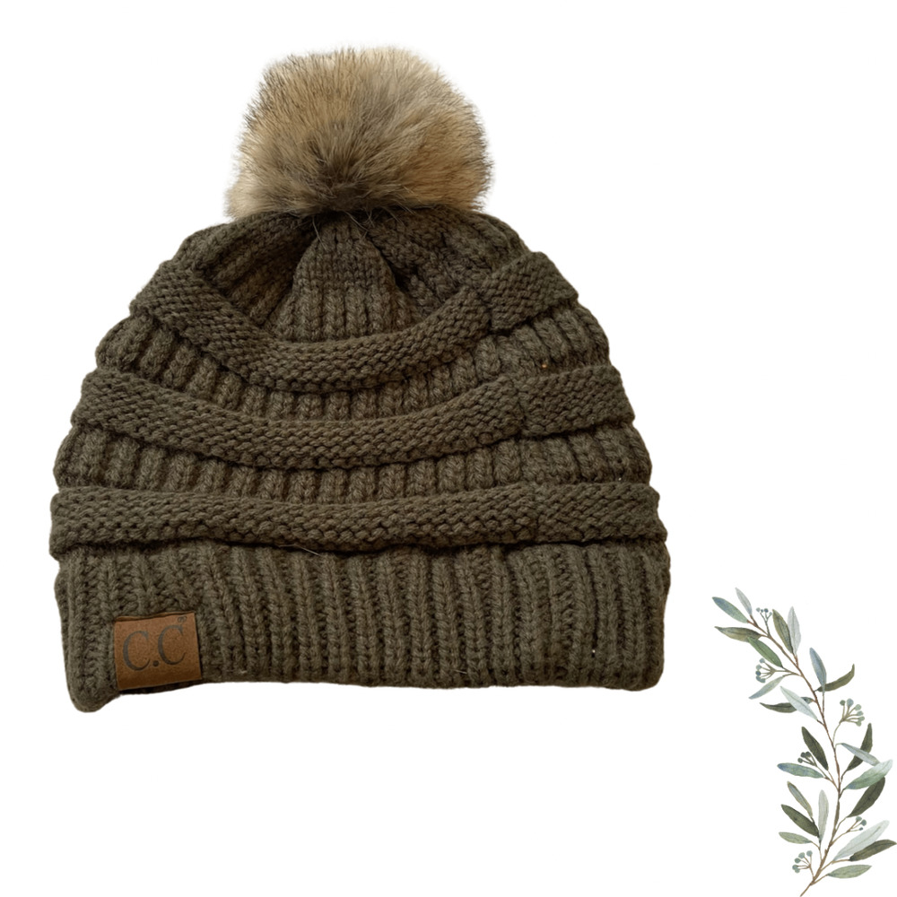 C.C Exclusives Forest Green Knit Beanie with Tan Faux Fur Pompom